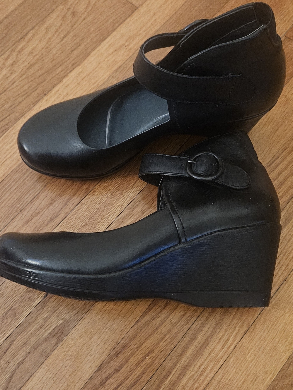 Dansko Black Leather Wedge Mary Jane with Ankle Strap